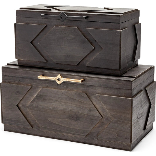 Cassia Wooden Boxes Set of Two by Mercana in brown. Made from unique in a eclectic & global style.