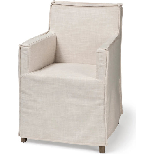 Elbert Dining Arm Chair by Mercana in cream. Made from fabric in a transitional style.