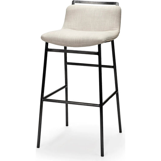 Kavalan Upholstered Seat Bar Stool by Mercana in white, black. Made from metal, fabric in a modern style.