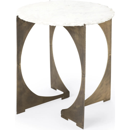 Reinhold End/Side Table by Mercana in white, antique gold. Made from marble, metal in a modern style.