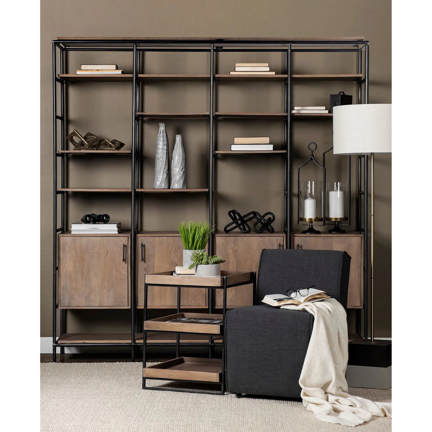 044 SR-815012 | Lifestyle | Darius Shelving Unit by Mercana in wood, matte black iron. Made from unique in a modern style.