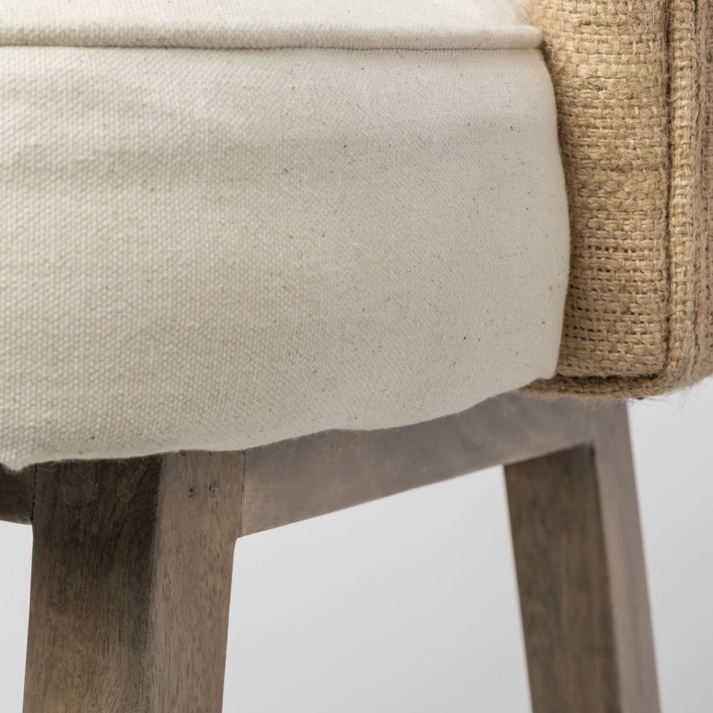 007 SR-387800 | Closeup | Monmouth Upholstered Seat Bar/Counter Stool by Mercana in cream, weathered brown. Made from wood, fabric, jute in a modern style.