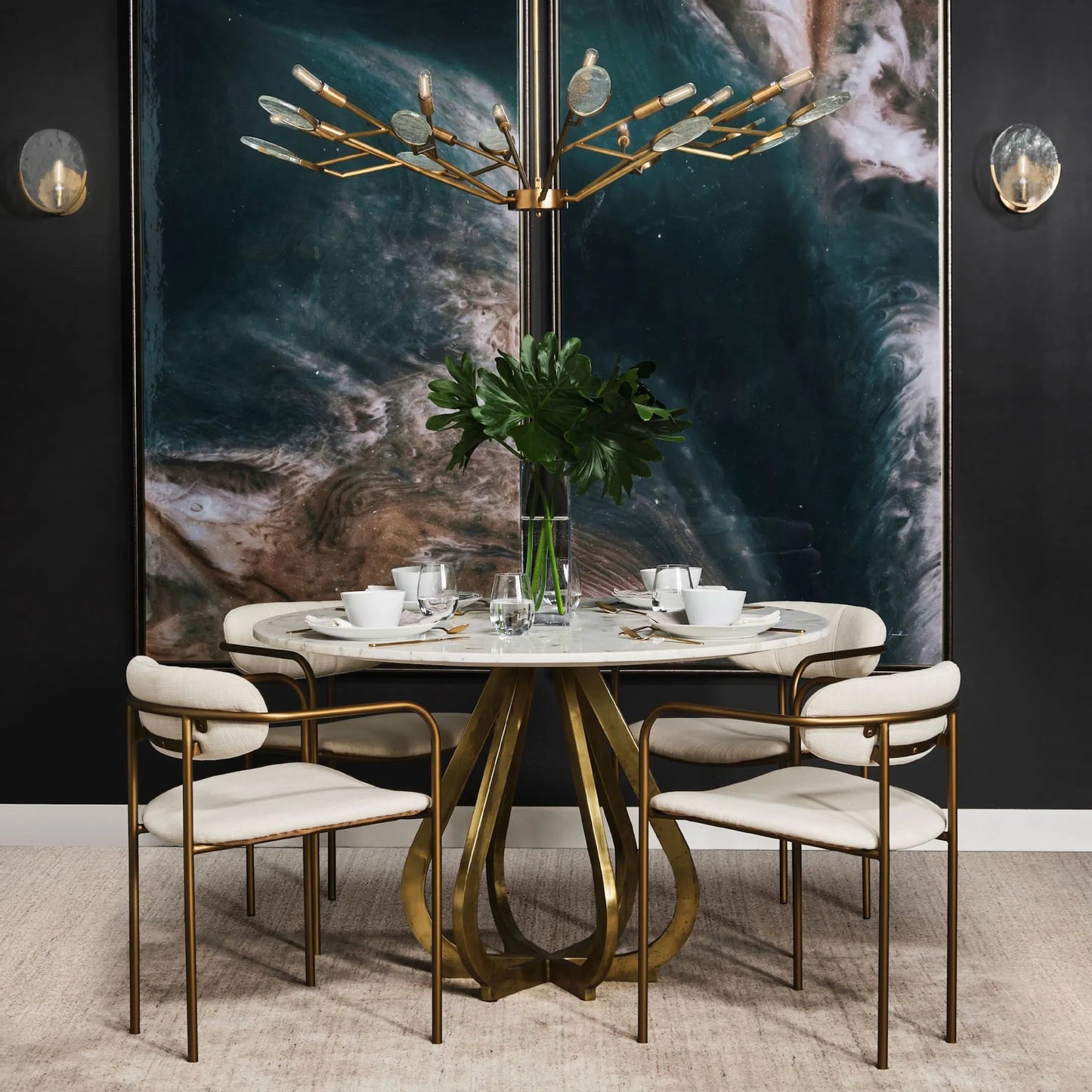 009 SR-387755 | Lifestyle | Parker Upholstered Dining Chair (Set of 2) by Mercana in white, gold. Made from fabric, metal in a modern style.