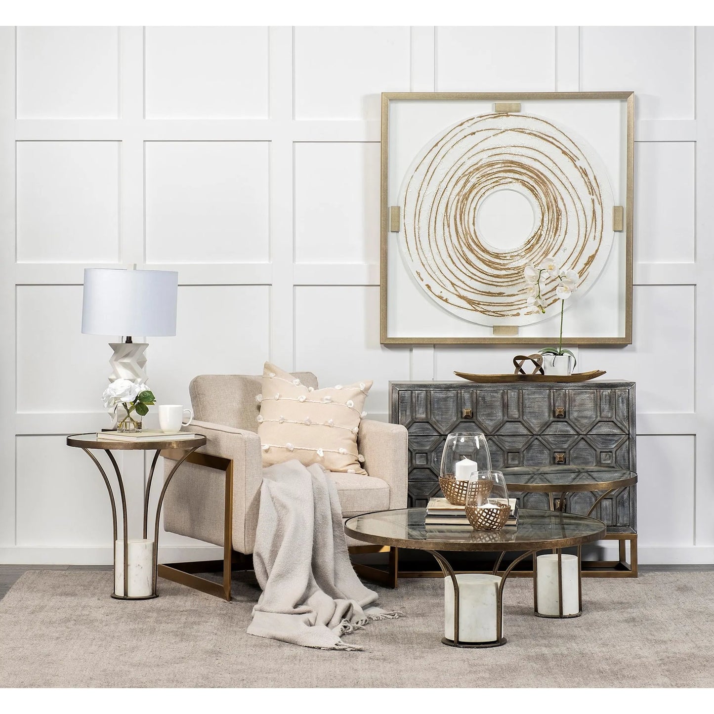 034 SR-815372 | Lifestyle | Jacinta End/Side Table by Mercana in antiqued gold. Made from unique in a modern style.