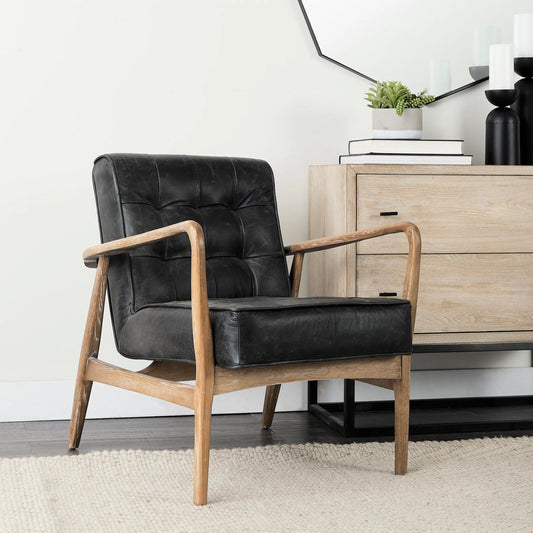 Phineas Leather Accent Chair by Mercana in black. Made from top grain leather in a modern style.