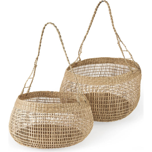 Nova Woven Round Basket by Mercana in brown. Made from seagrass in a rustic style.