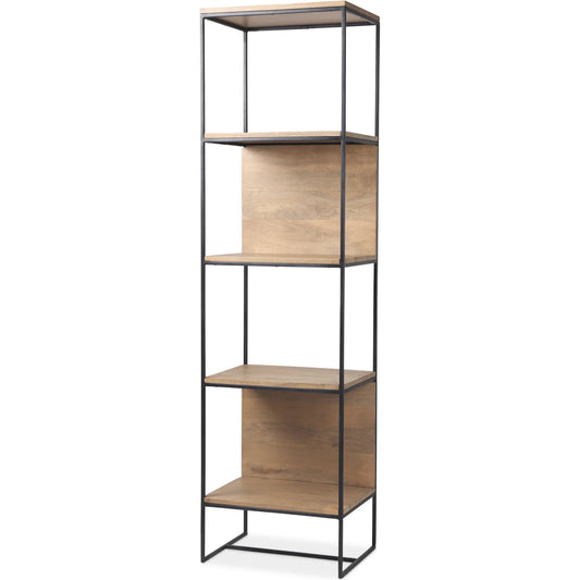 Morris 4-Tier Shelving Unit by Mercana in brown. Made from solid wood in a transitional style.
