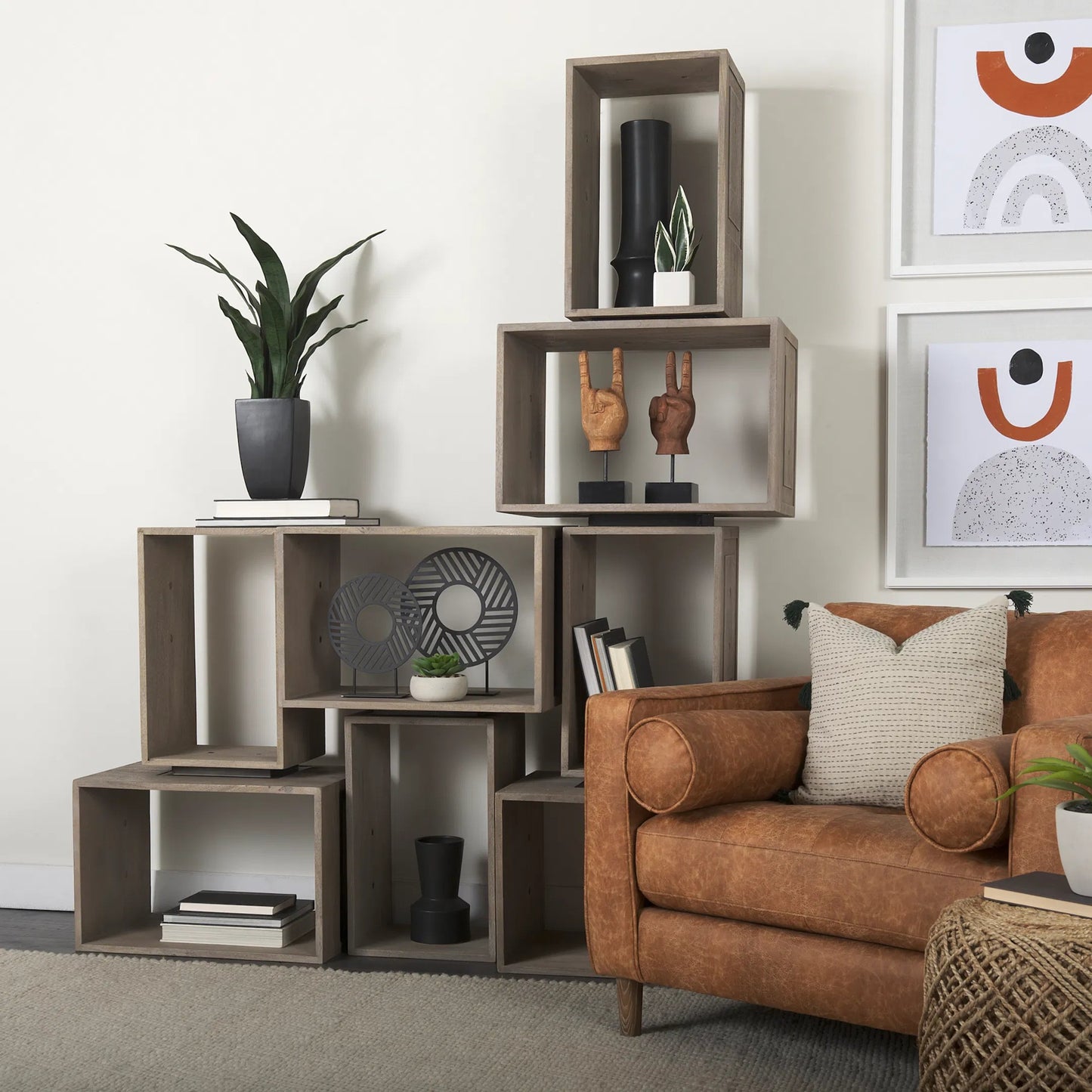 046 SI-1718057 | Lifestyle | Simul Shelving Unit by Mercana in light brown. Made from wood in a coastal style.