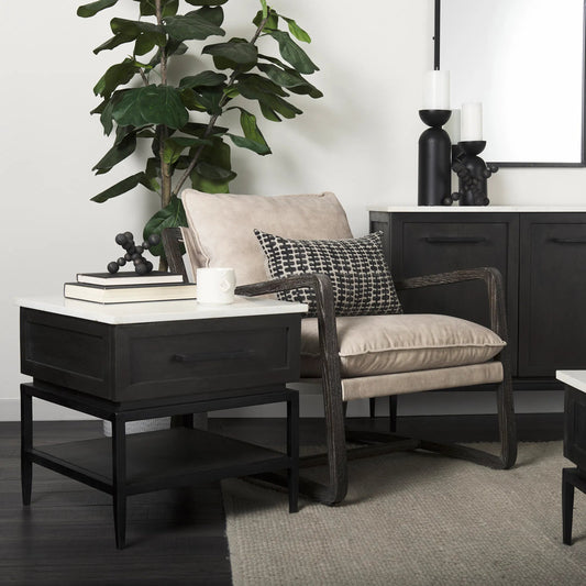 Divina End/Side Table by Mercana in dark brown. Made from metal, wood, marble in a modern style.