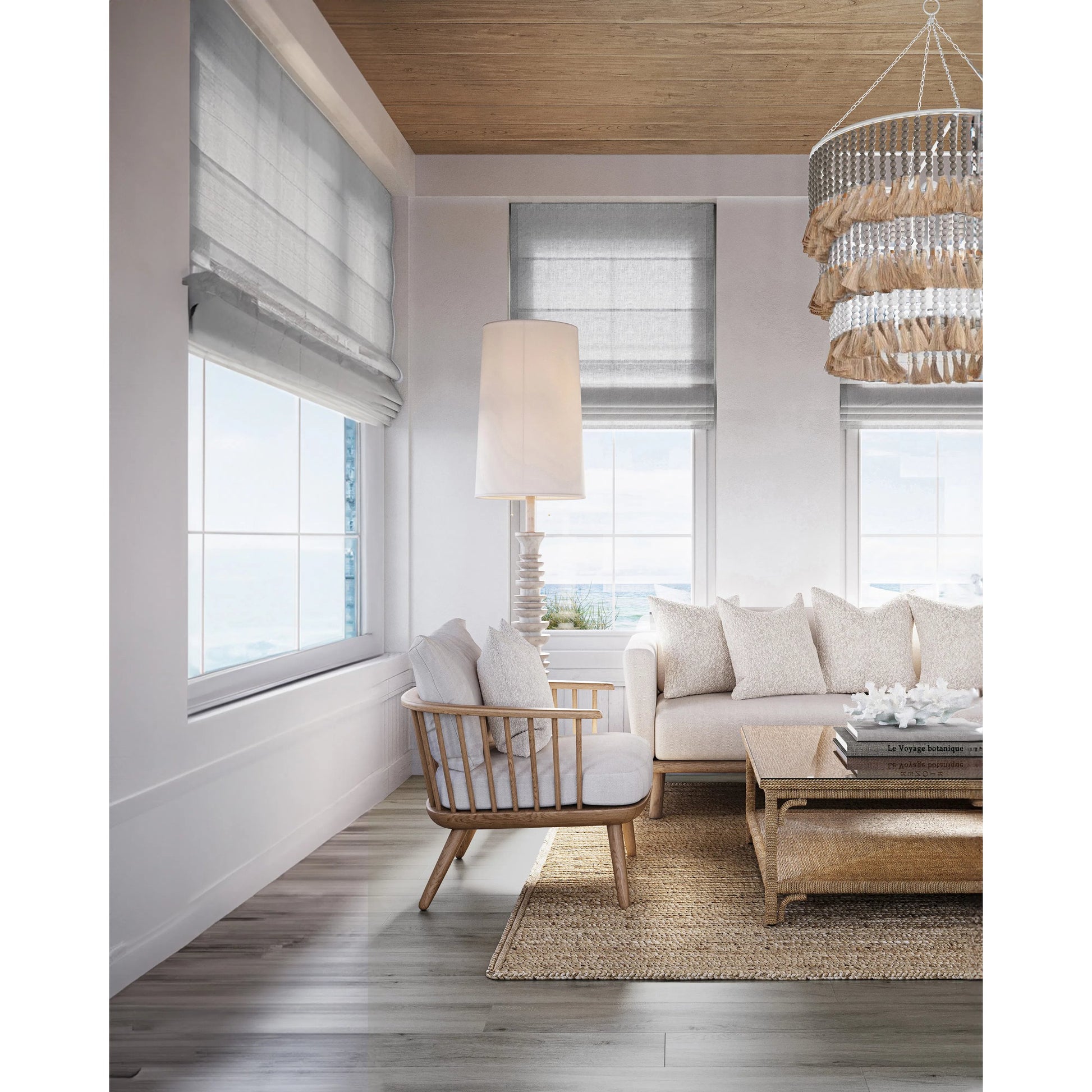 St. Barts Chandelier by Currey and Company in mist blue, demin blue. Made from wrought iron, wood beads, abaca rope in a coastal style.