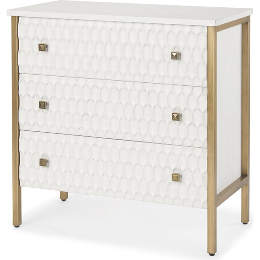 006 None | Unknown | Savannah 3 Drawer Accent Cabinet by Mercana in white, gold. Made from iron in a transitional style.