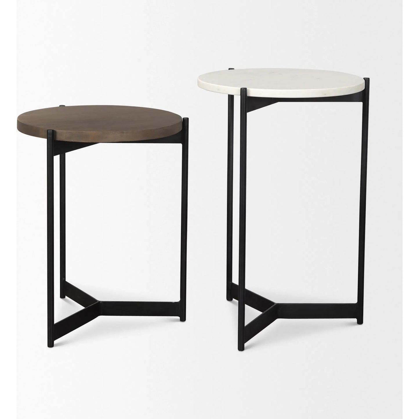 005 SI-2369347 | Closeup | Larkin Nesting Side Tables by Mercana in white, medium brown. Made from metal in a unique style.