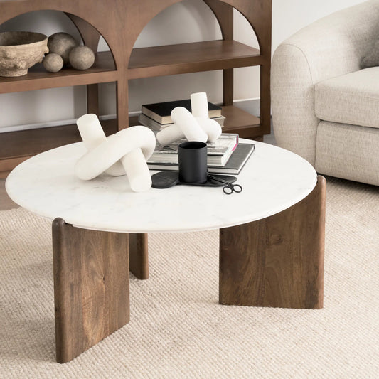 Rumer Coffee Table by Mercana in brown. Made from stone in a modern style.