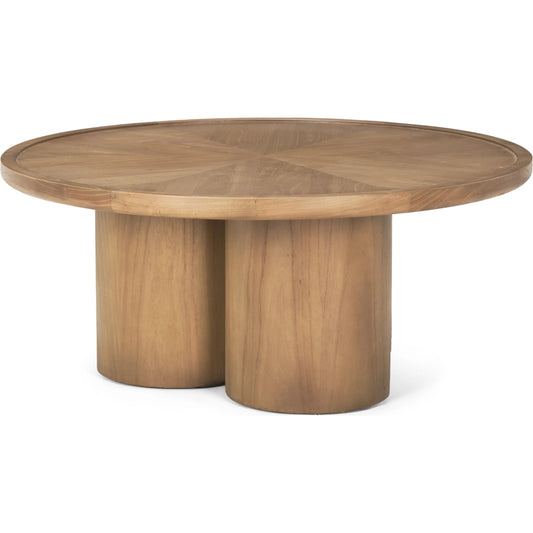 Tavi Round Coffee Table by Mercana in brown. Made from solid wood in a transitional style.