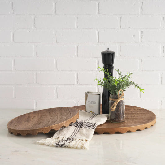 Waverly Round Scalloped Edged Trays by Mercana in brown. Made from solid wood in a cottage & farmhouse style.