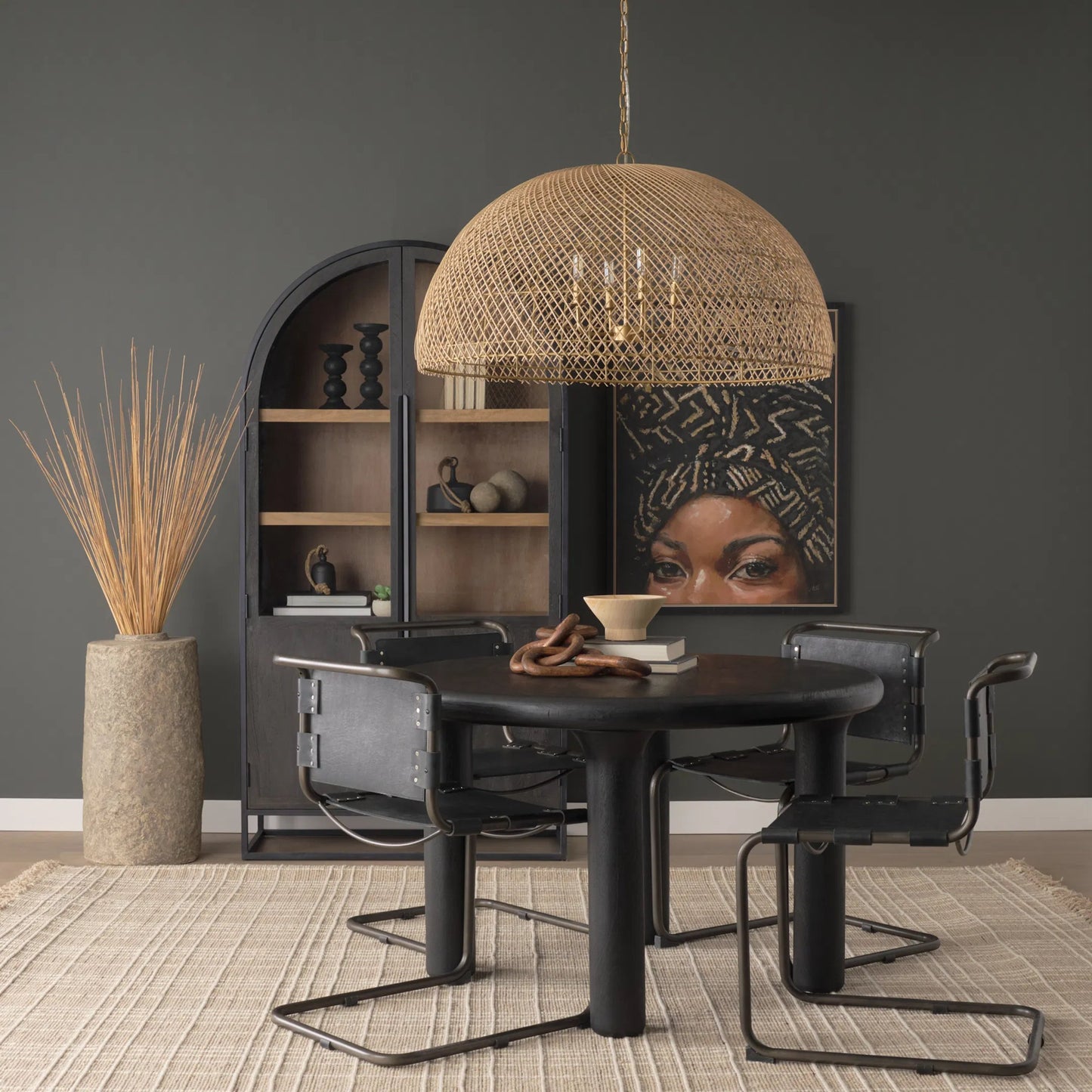 035 SI-2370579 | Lifestyle | Thad 4-Light Natural Woven Rattan Dome Chandelier by Mercana in gold. Made from metal in a rustic style.