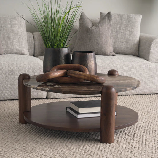 Jovia Coffee Table by Mercana in brown. Made from stone in a modern style.