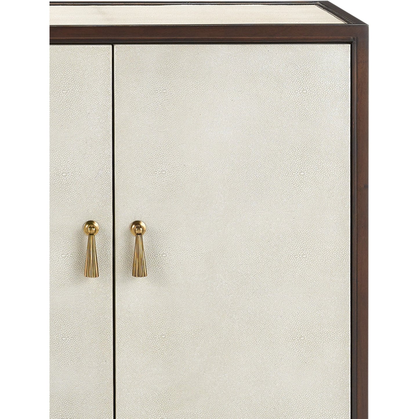 006 SR-767807 | Closeup | Evie Credenza by Currey and Company in ivory, dark walnut, brass. Made from faux shagreen, mahogany, cast brass in a transitional style.