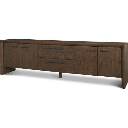 Belford Media Console by Mercana in dark brown. Made from manufactured wood in a transitional style.