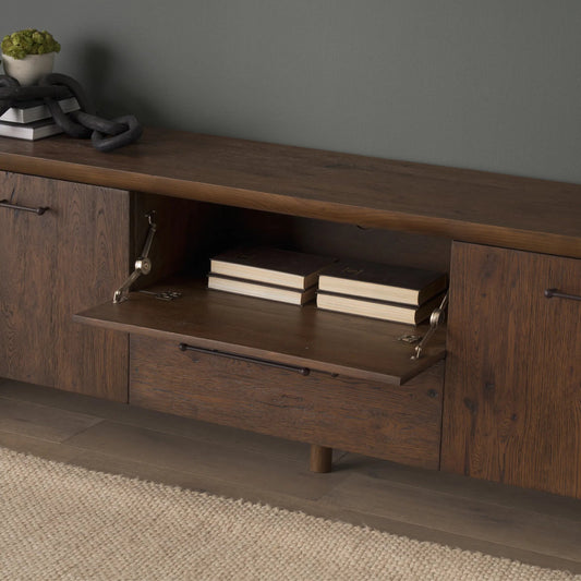 Belford Media Console by Mercana in dark brown. Made from manufactured wood in a transitional style.