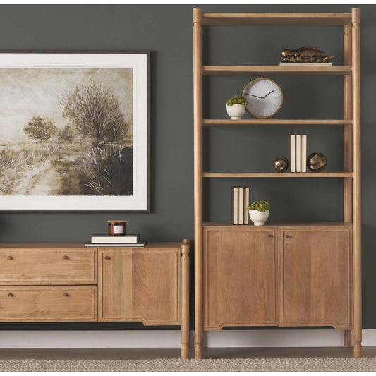 Phil Shelving Unit by Mercana in light brown. Made from solid wood in a unique style.