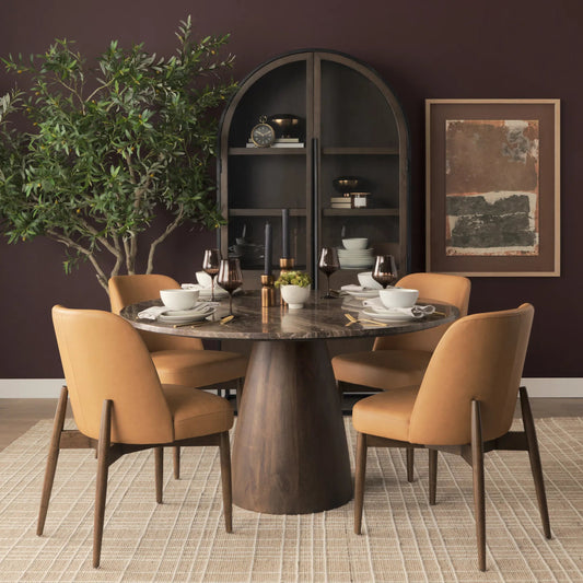 Abbie Curve Leather Dining Chair (Set of 2) by Mercana in tan, brown. Made from solid wood in a unique style.