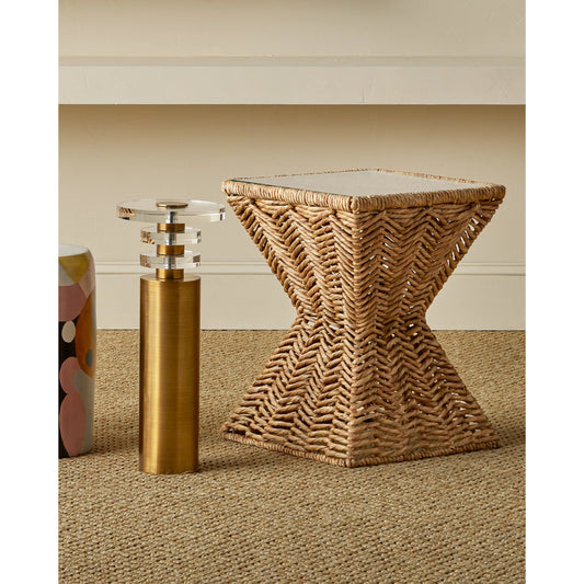 Hadi Accent Table by Currey and Company in natural, clear. Made from glass, iron in a coastal style.