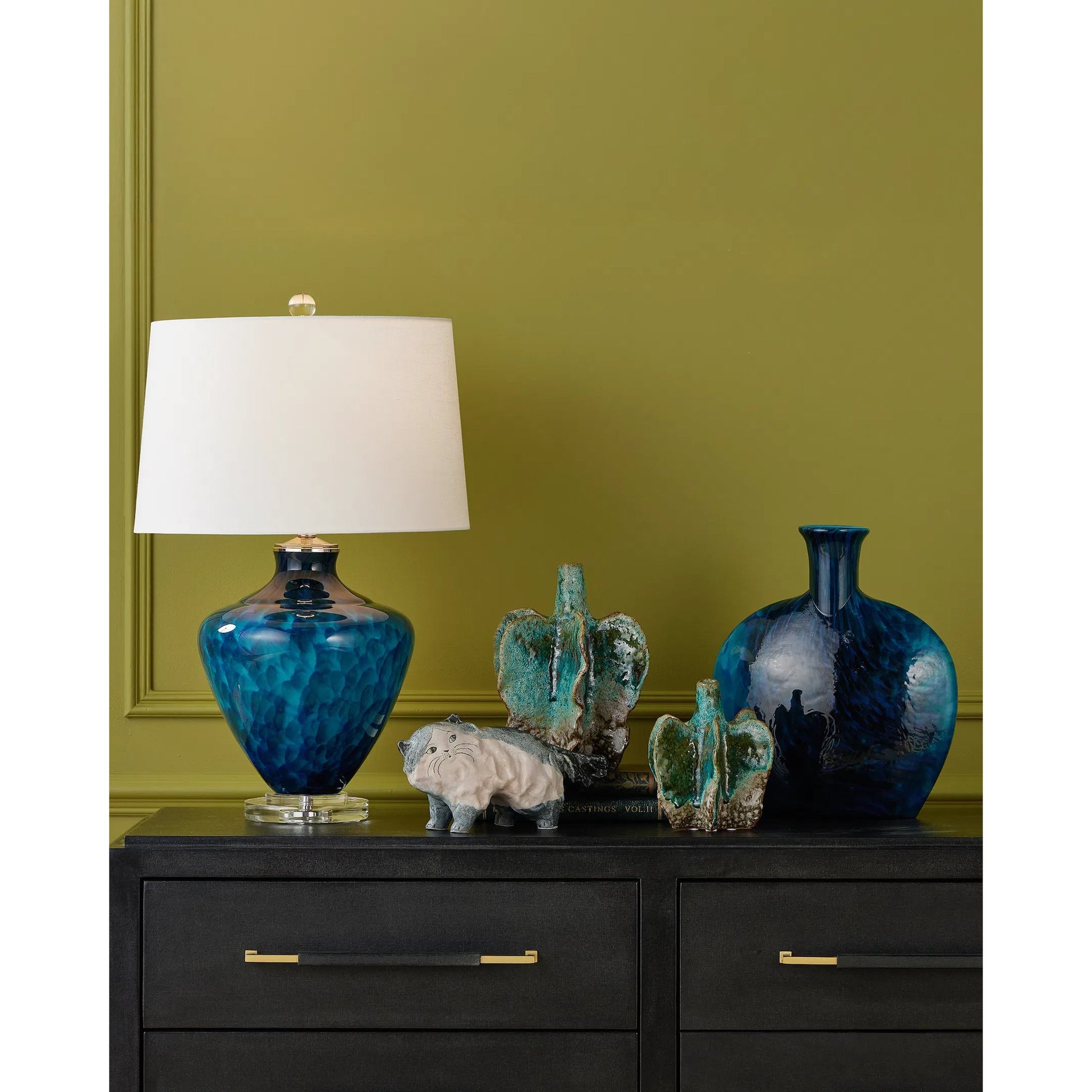Siamese Cat Object by Currey and Company in grayish blue, off-white. Made from porcelain in a eclectic & global style.
