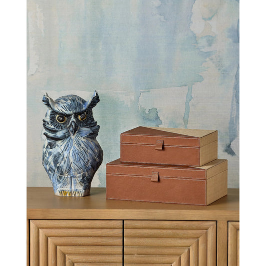 Mina the Owl by Currey and Company in blue, white, black. Made from porcelain in a eclectic & global style.