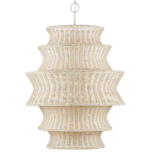 Phebe Rattan Chandelier by Currey and Company in bleached natural, vanilla. Made from rattan, wrought iron in a cottage & farmhouse style.