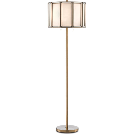001 SR-890088 | Primary Silo | Daze Floor Lamp by Currey and Company in antique brass, white. Made from unique in a transitional style.