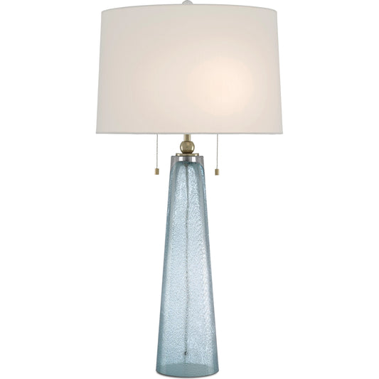 Looke Table Lamp by Currey and Company in blue, brass. Made from glass, metal in a coastal style.