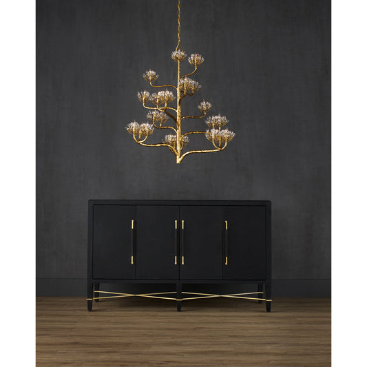 Verona Sideboard by Currey and Company in black lacquered linen, champagne stretchers, linen wrapped cha. Made from solid wood, engineered hardwood in a transitional style.