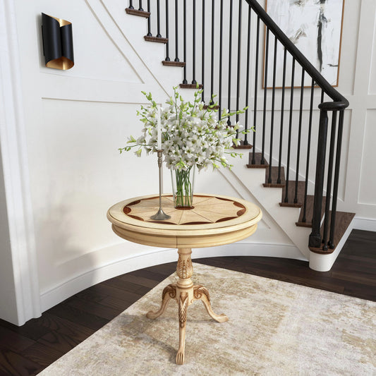 Carissa 30" Round Pedestal Foyer Table by Butler Specialty Company in beige and antique beige. Made from rubberwood solids, mdf, cherry veneers, resin in a cottage & farmhouse style.