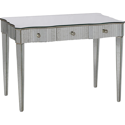 Gilda Vanity Table by Currey and Company in granello silver leaf, light. Made from iron, mirror in a traditional style.