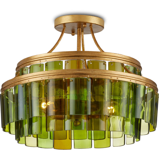 005 SI-1924234 | Primary Silo | Vintner Semi-Flush by Currey and Company in contemporary gold leaf, green. Made from wrought iron, recycled bottle glass in a modern style.
