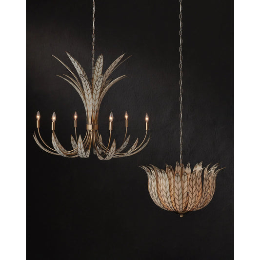 Lamina Bowl Chandelier by Currey and Company in antique brass, off-white. Made from brass, metal, composite in a modern style.