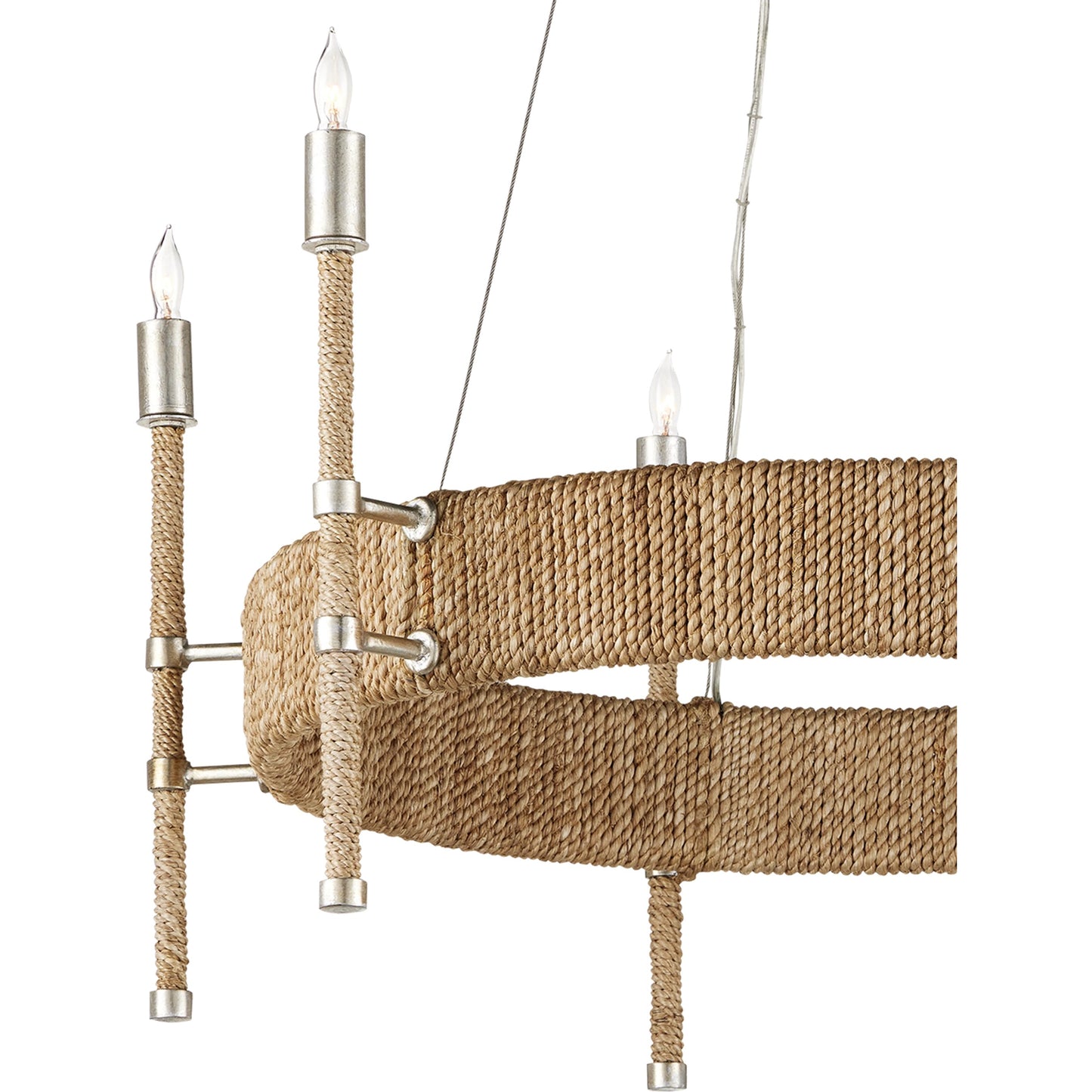 005 SI-1924047 | Closeup | Monzie Chandelier by Currey and Company in contemporary silver leaf, natural. Made from wrought iron, abaca rope in a cottage & farmhouse style.