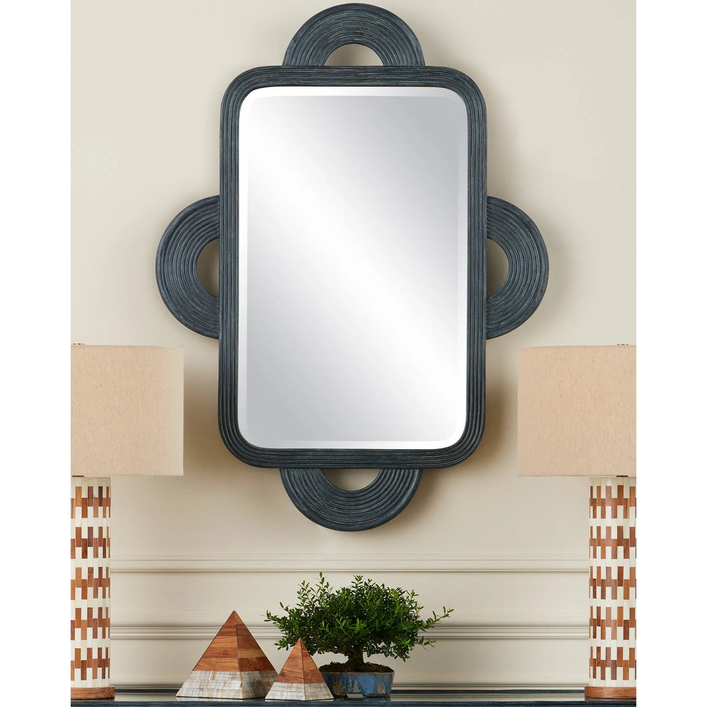 013 SI-1924158 | Lifestyle | Santos Rectangular Mirror by Currey and Company in navy. Made from rattan, mahogany, glass in a modern style.