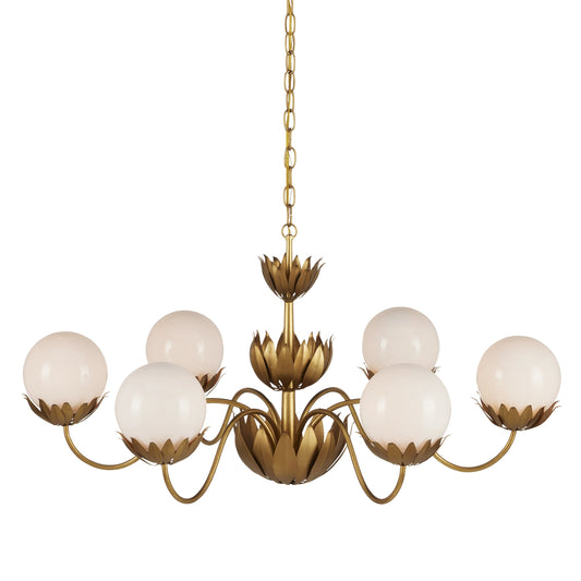 Mirasole Chandelier by Currey and Company in contemporary gold leaf, gold, white. Made from wrought iron, glass in a traditional style.