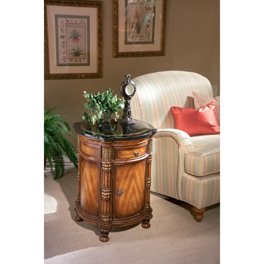 Fossil Stone Drum Table by Butler Specialty Company in multi-color and heritage. Made from gemelina wood solids, plywood, resin, fossil stone veneers in a traditional style.
