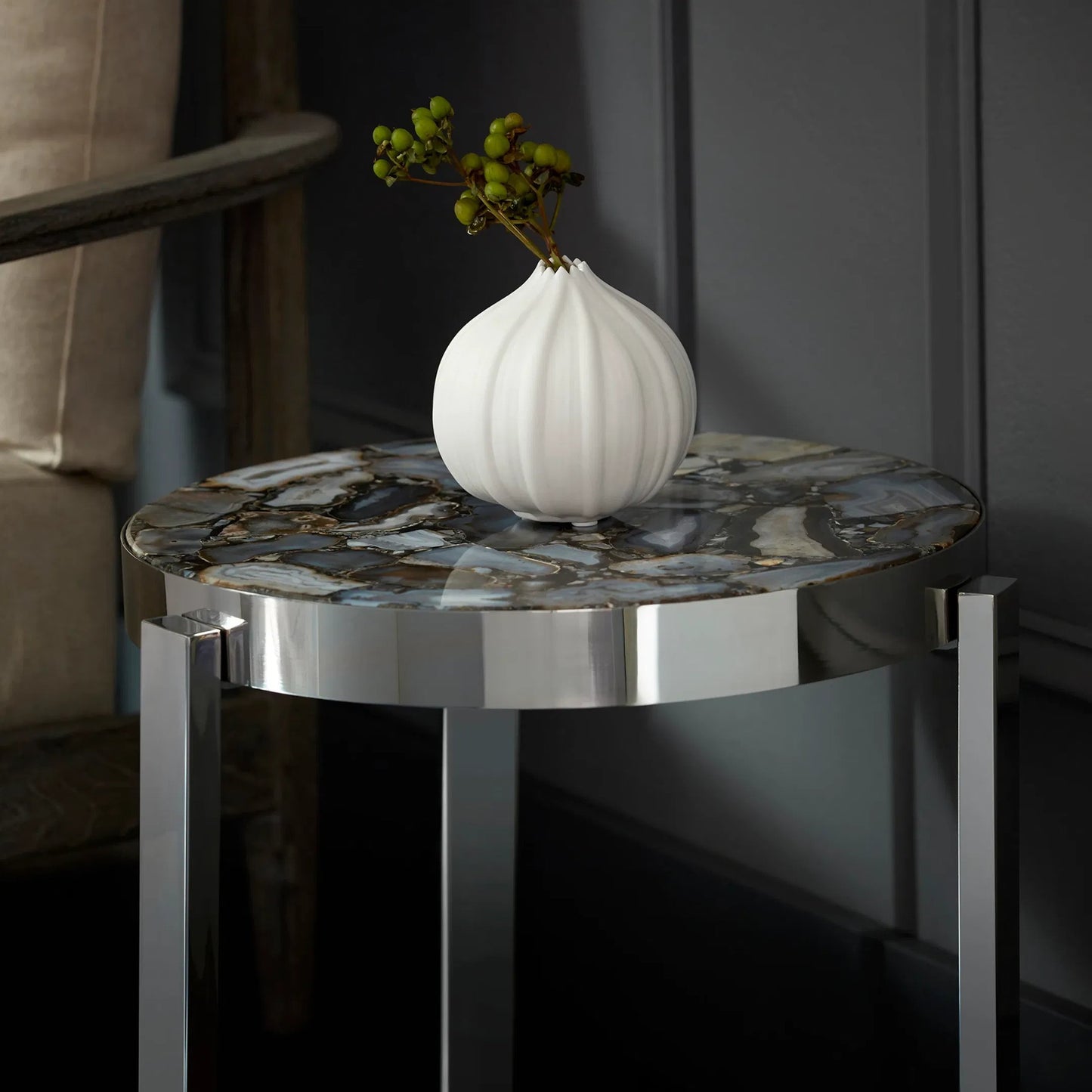 005 S-255726 | Lifestyle | Geodance Side Table by Cyan Design in nickel. Made from stone, iron in a modern style.