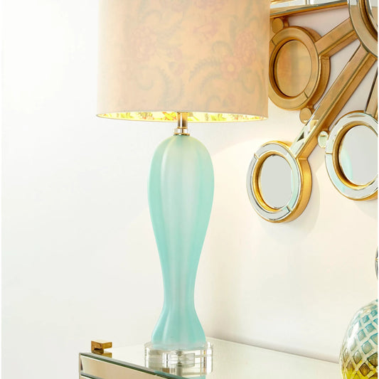 Aubrey Table Lamp by Cyan Design in green. Made from glass with cream linen shade, patterned liner in a modern style.