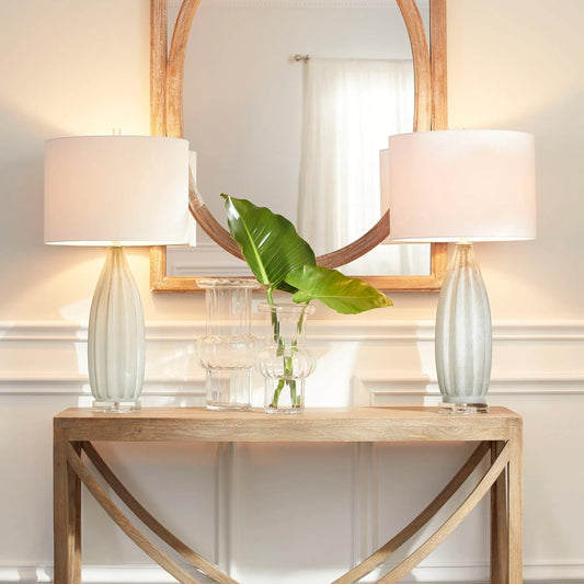 Blakemore Table Lamp by Cyan Design in gray. Made from glass with off white cotton shade in a modern style.