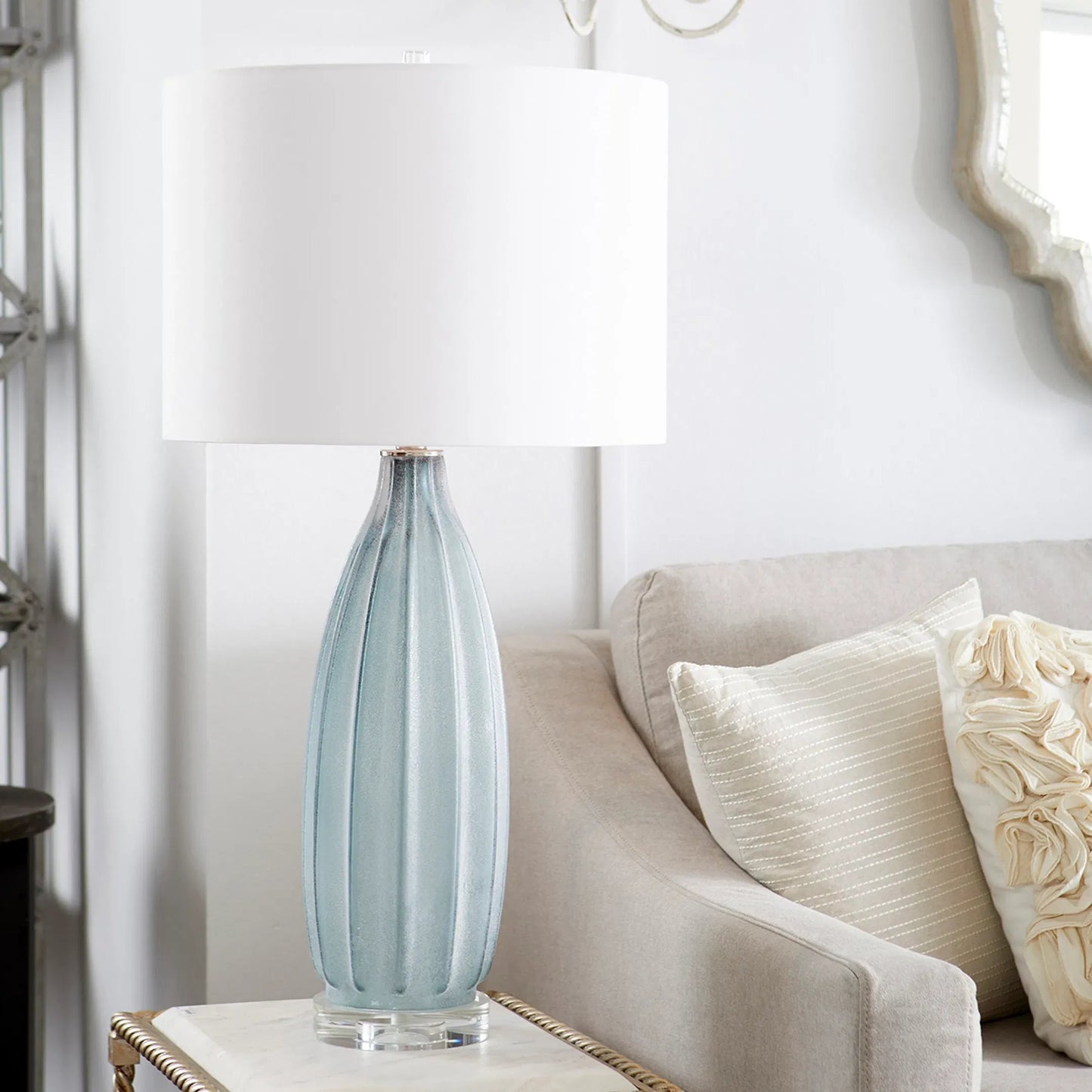 018 S-254704 | Lifestyle | Blakemore Table Lamp by Cyan Design in gray. Made from glass with off white cotton shade in a modern style.