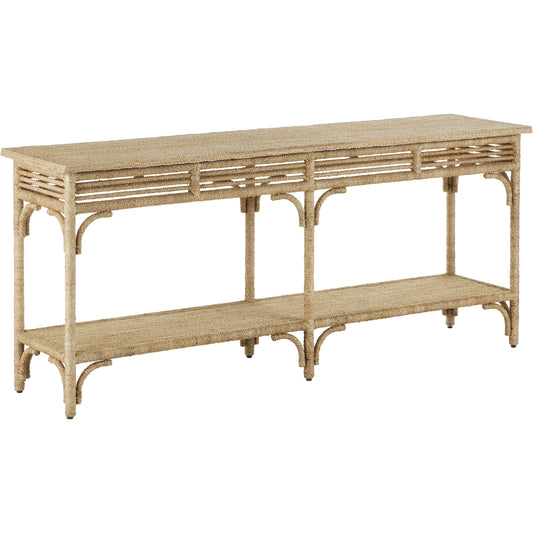 Olisa Rope Console Table by Currey and Company in natural, brown carafe. Made from abaca rope, wood, iron in a modern style.