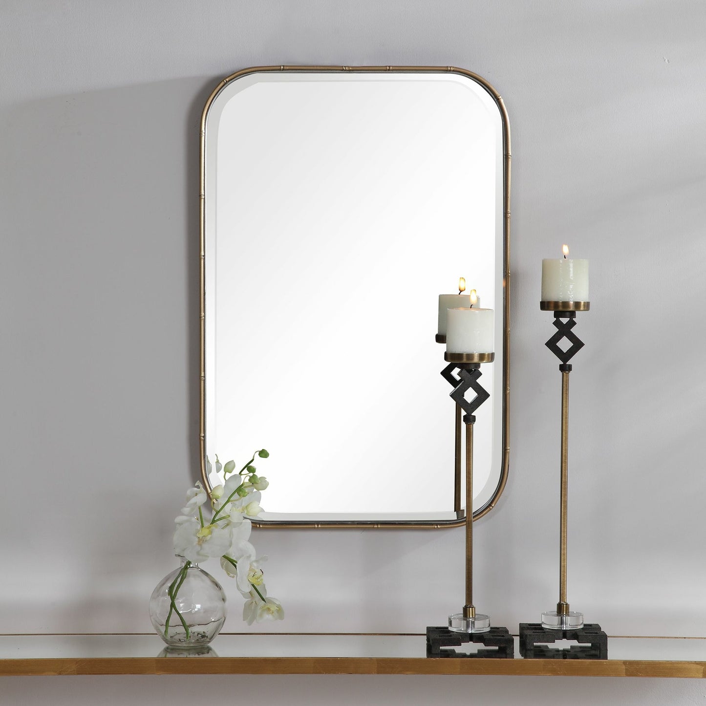 003 SR-766597 | Lifestyle | Malay Vanity Mirror by Uttermost. Made from iron, glass, mdf in a transitional style.