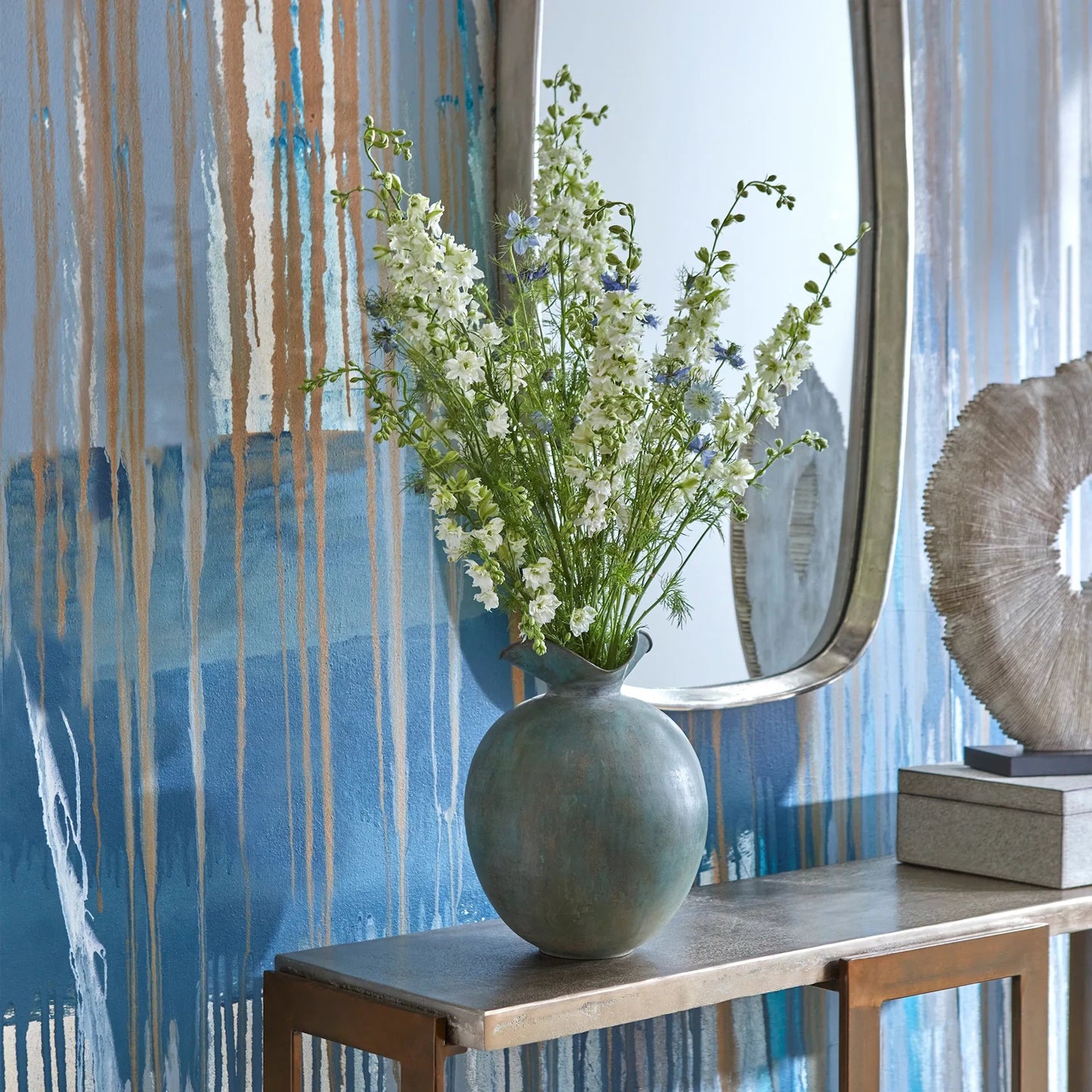 004 S-256922 | Lifestyle | Pluto Vase by Cyan Design in gold patina. Made from iron in a rustic style.