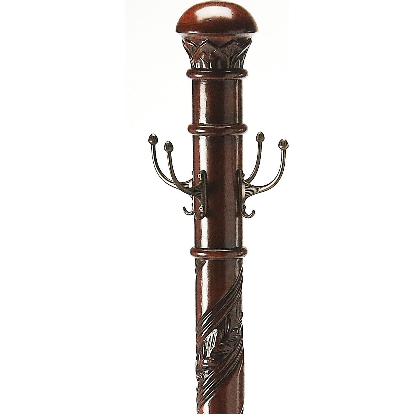 009 O-BUTLER-971024 | Closeup | Laird Costumer by Butler Specialty Company in dark brown and plantation cherry. Made from rubberwood solids, antique brass plated hooks in a traditional style.