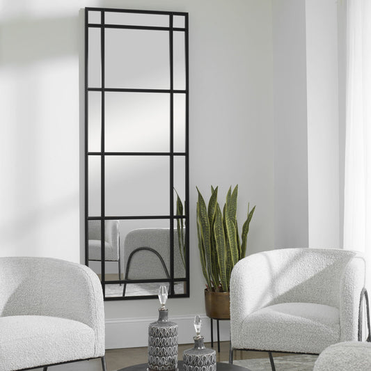 Atticus Mirror by Uttermost in satin black. Made from iron, mdf, glass in a traditional style.